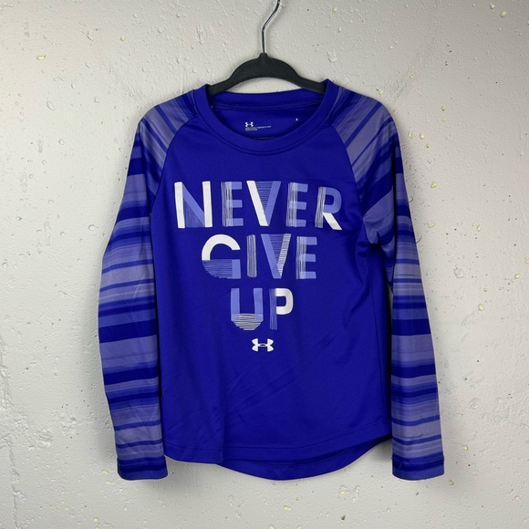 Under Armour Girls Long Sleeve Baseball T-Shirt Never Give Up Graphic Purple 4 - Picture 8 of 8